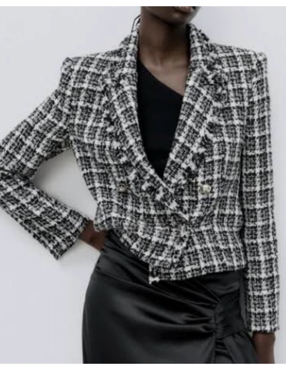 Zara Black & White Tweed Fringe-Trim Blazer